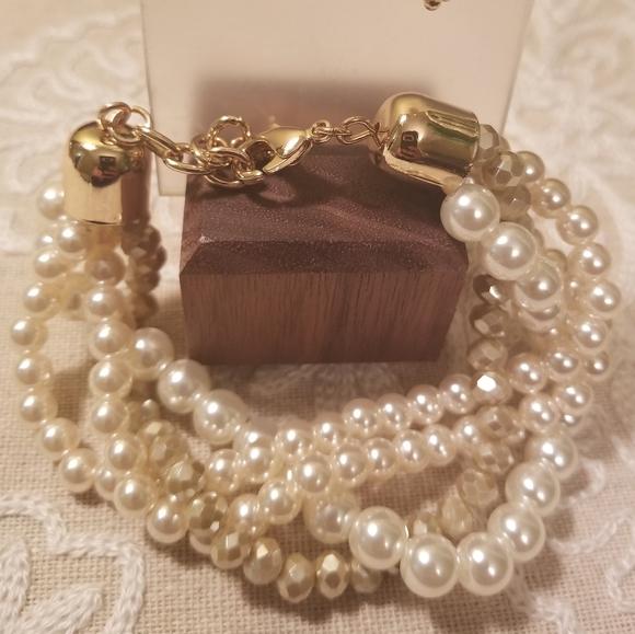 NEW Layered Twisted Gold Faux Pearl Choker Chunky Necklace Earrings Bracelet Set - Picture 5 of 7